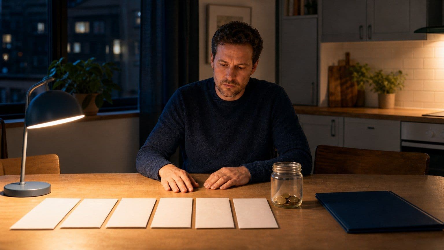 En person sitter vid ett köksbord med tomma skuldkuvert, en nästan tom myntburk och en budgetmapp.