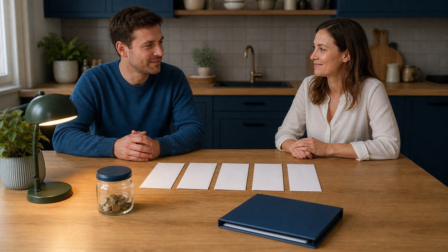 Två personer går igenom tomma skuldbrev vid ett köksbord med budgetmapp, skyddad myntburk och en grön lampa.