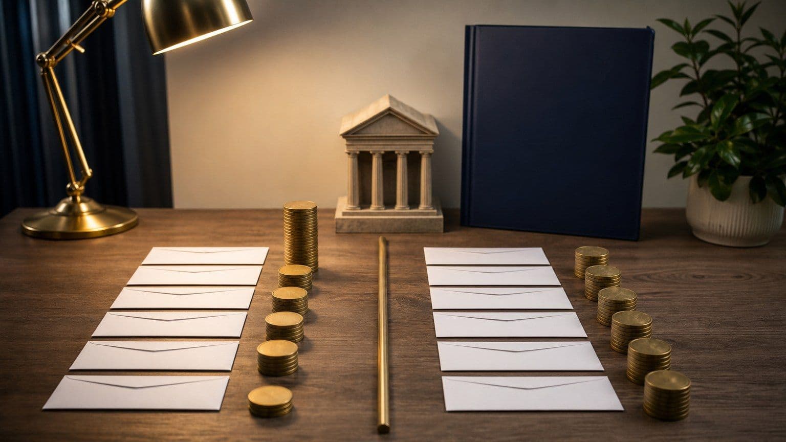 Ett lånebord med tomma kuvert och myntstaplar som visar olika sätt att amortera ett lån.