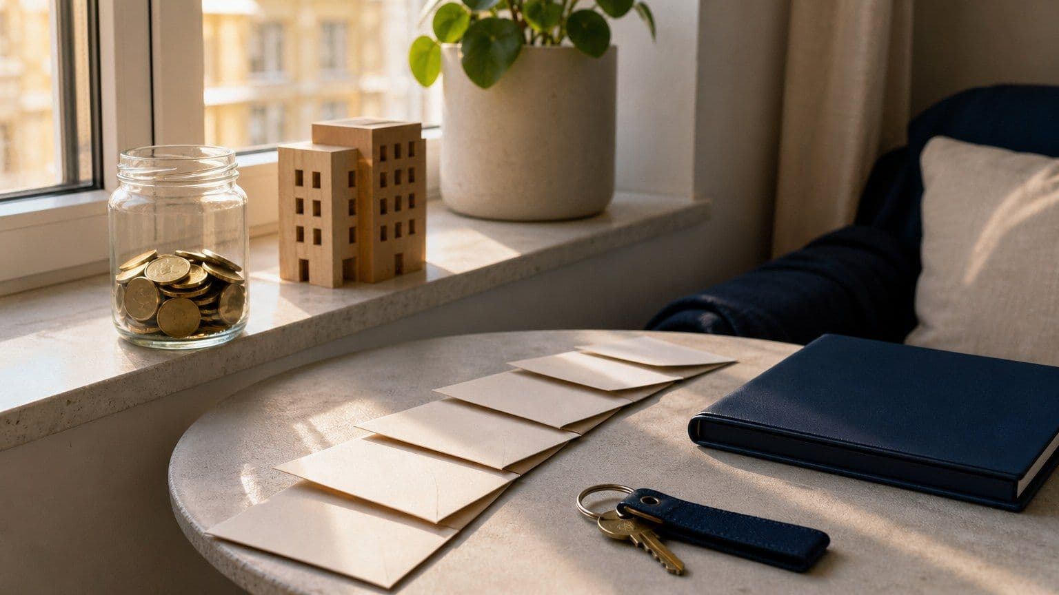 En sparburk, bostadsnyckel och växande myntrader visar sparande till framtida bostad.