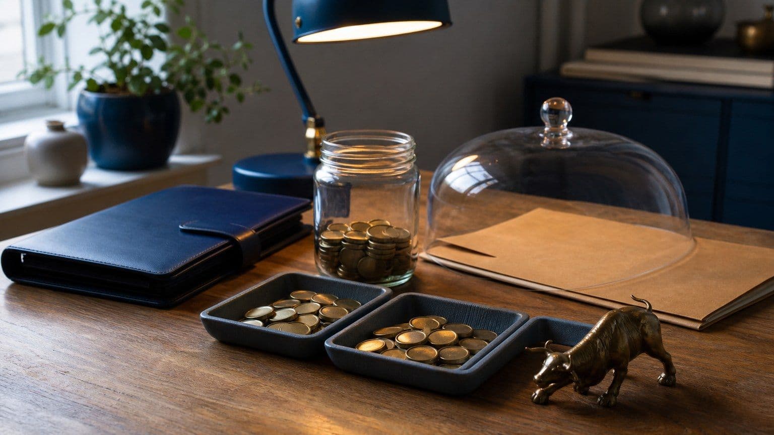 En investeringspärm, sparburk och myntbrickor ligger på ett svenskt köksbord.
