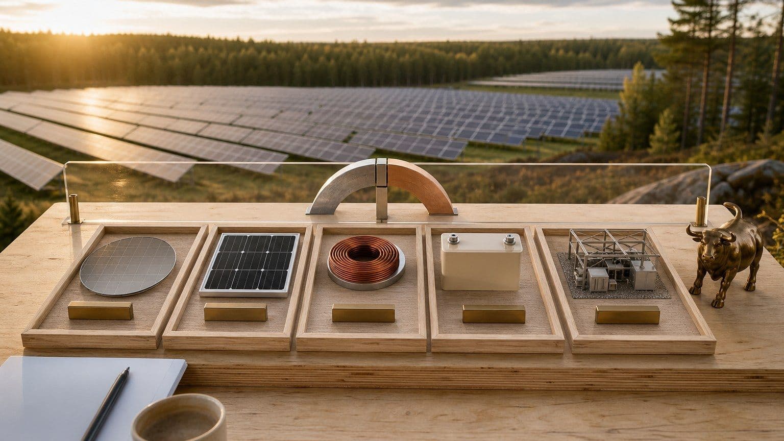 En analysbänk med fem delar av solenergins värdekedja framför en nordisk solcellspark.