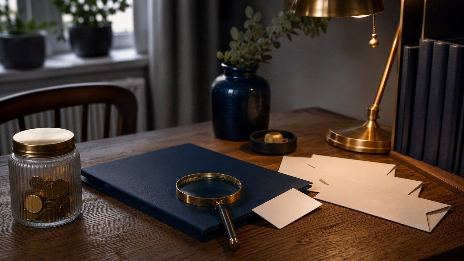 En tom kreditmapp granskas med förstoringsglas bredvid kuvert, ett tomt kort och en sparburk.