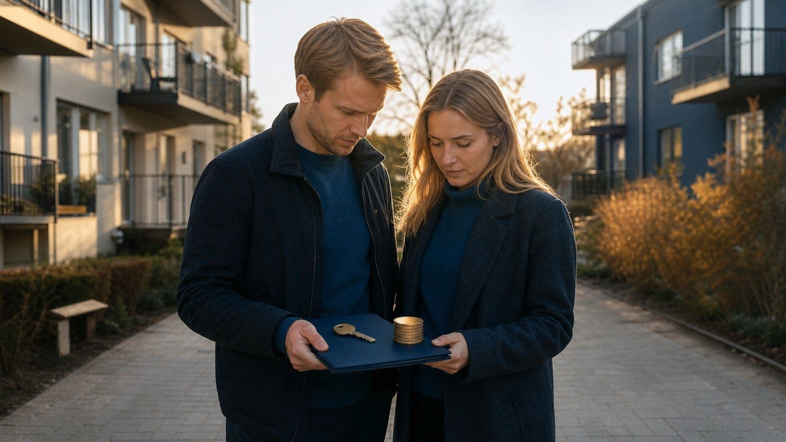 Ett svenskt par jämför bostadskostnader utanför flerbostadshus med nyckel, mapp och mynt i förgrunden.