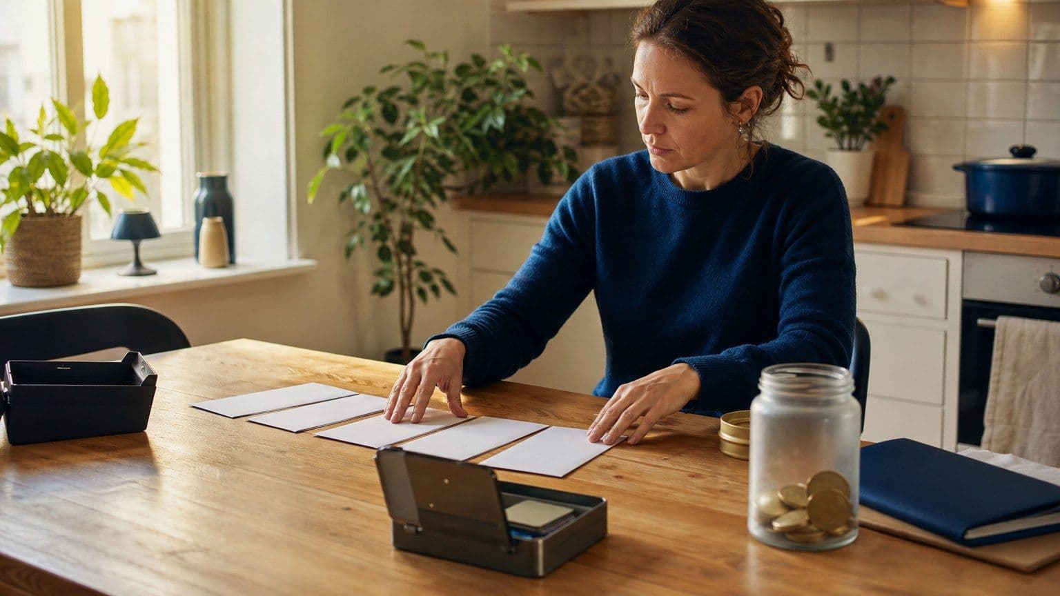En person ordnar tomma skuldbrev bort från en mörk fälla och mot en marinblå budgetmapp.