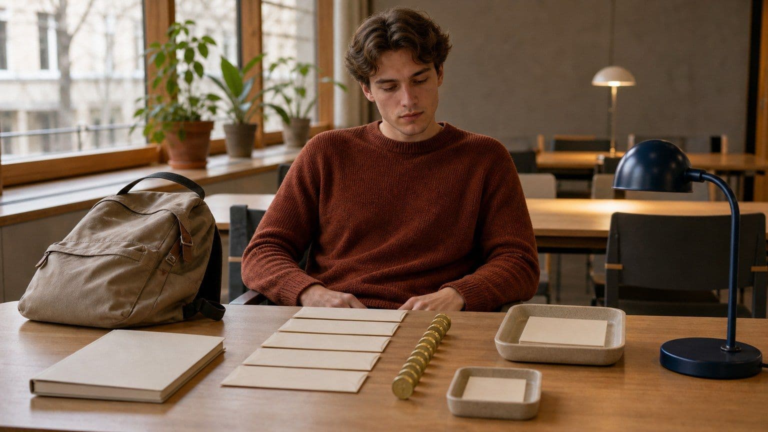 En svensk student planerar återbetalning och ränta på sitt studielån vid ett bord på campus.