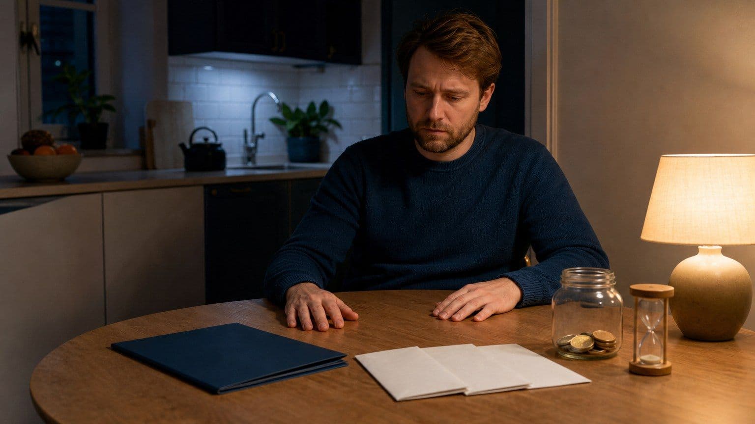 En bekymrad person sitter vid ett köksbord med lånekuvert, myntburk och timglas.