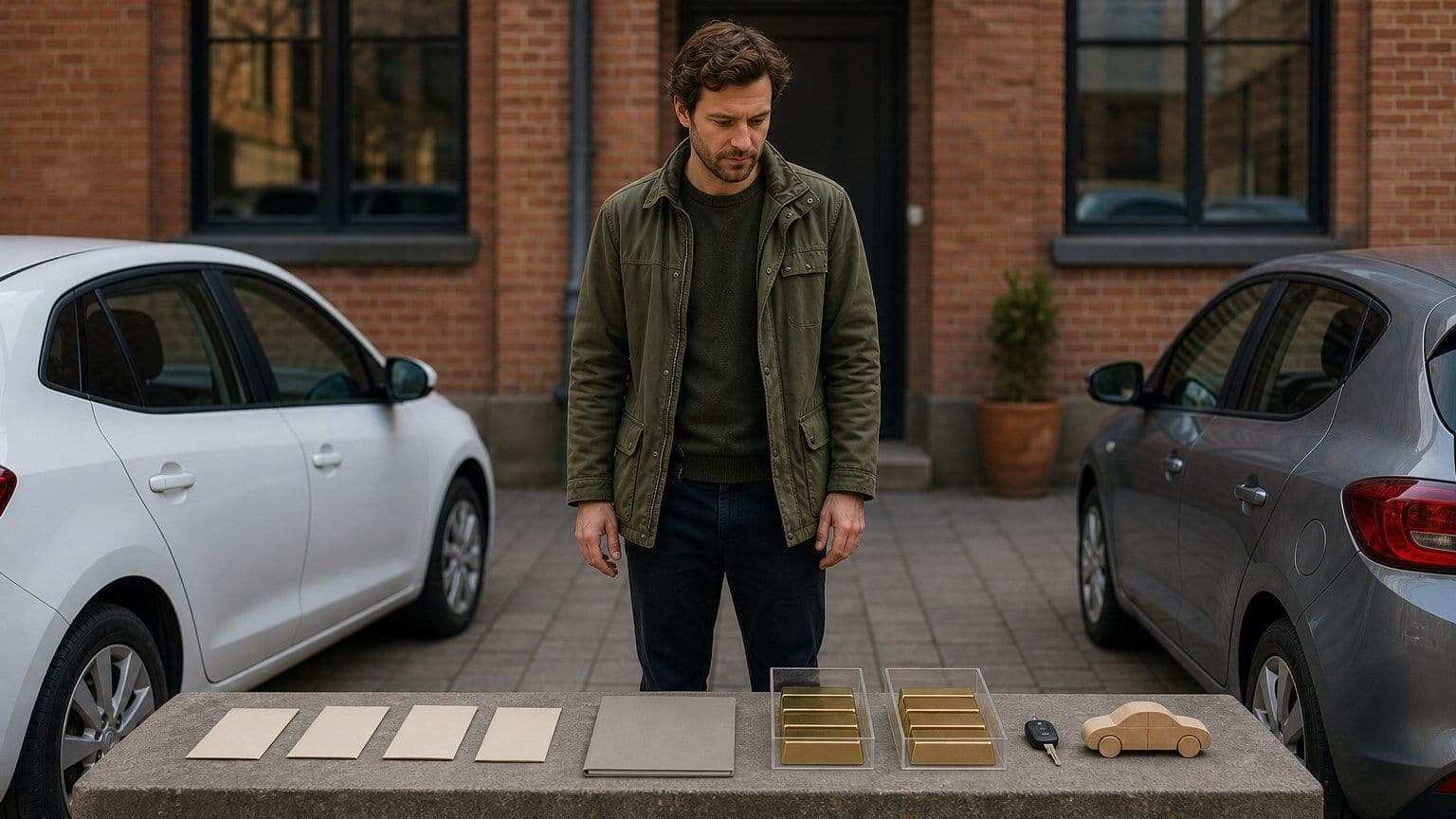 En person jämför två bilar och olika betalningsalternativ på en svensk parkeringsplats.