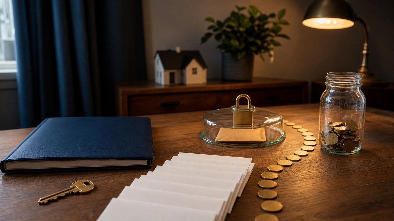Ett lånebord med bolånemapp, nyckel, månadskuvert och mynt som leds runt en låst avgiftsmarkering.