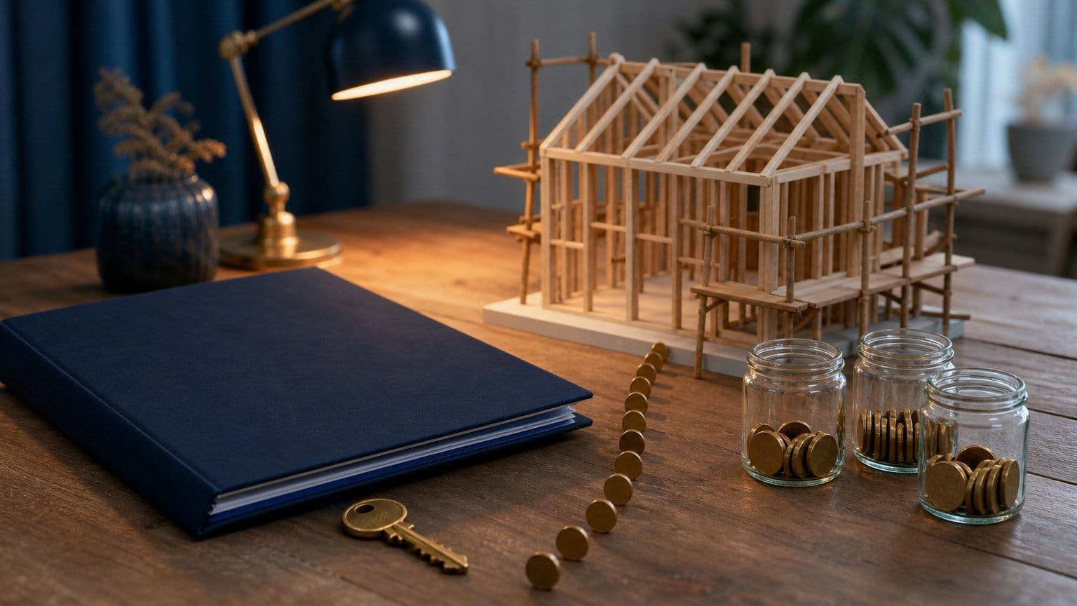 En liten byggarbetsplats med lånemapp, husnyckel och mynt visar finansiering av ett nybygge.