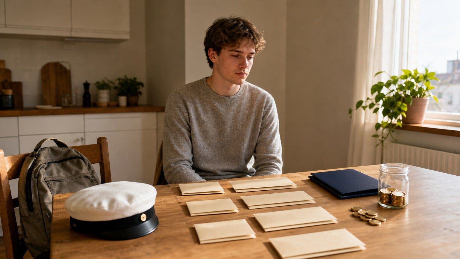Svensk student planerar kostnaden för sitt studielån vid ett köksbord med tomma återbetalningskuvert och mynt.