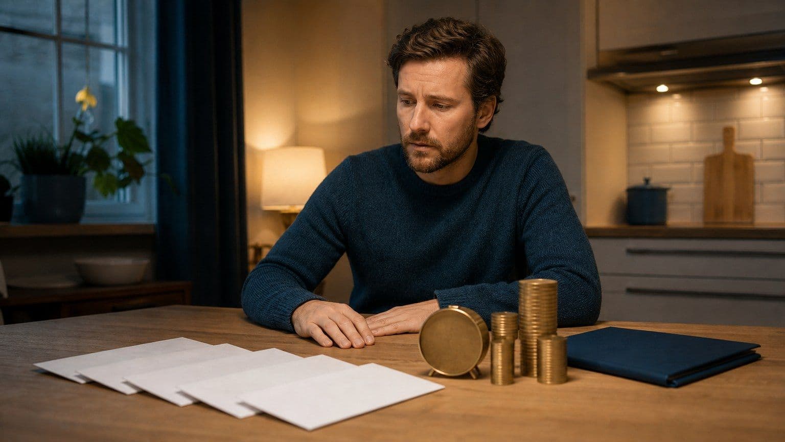 Försenade betalningskuvert, avgiftsstaplar och en liten klocka ligger på ett köksbord.