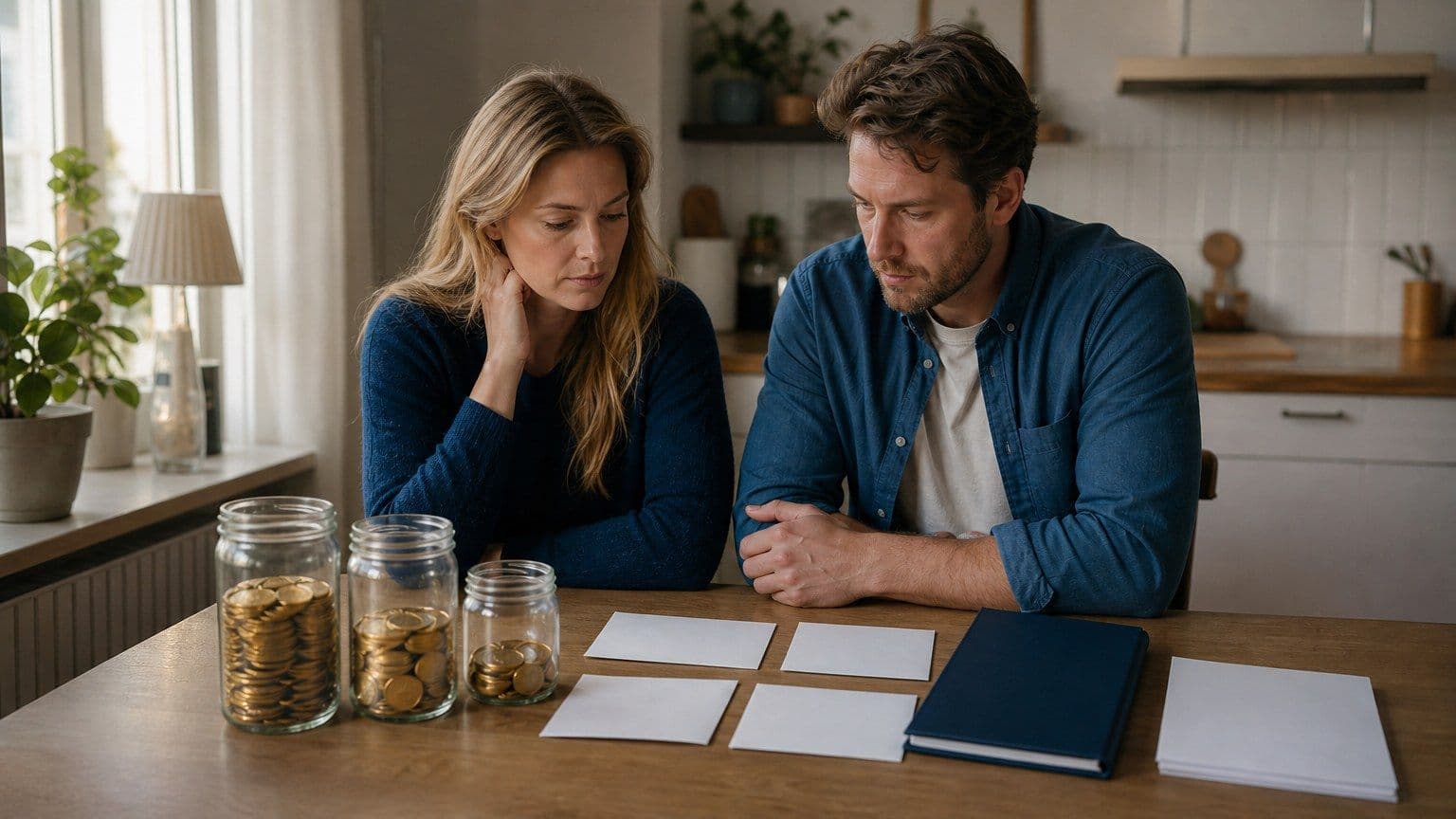 Två personer gör en hushållsbudget vid ett köksbord med tomma kuvert, budgetburkar och en mörkblå mapp.
