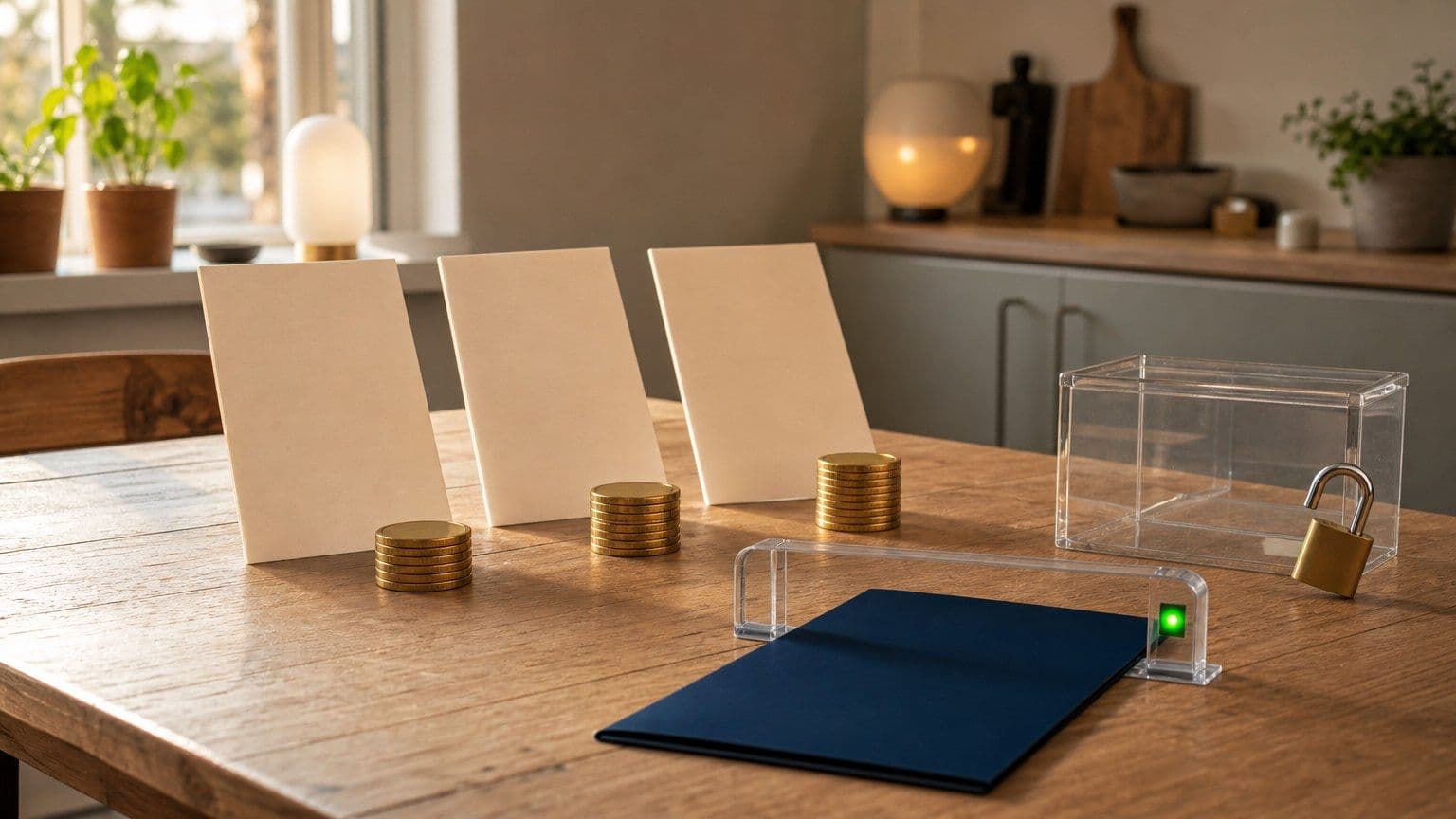 Jämförelse av lån utan säkerhet med låneerbjudanden, betalningshögar och en öppen tom säkerhetsbox på ett svenskt köksbord.
