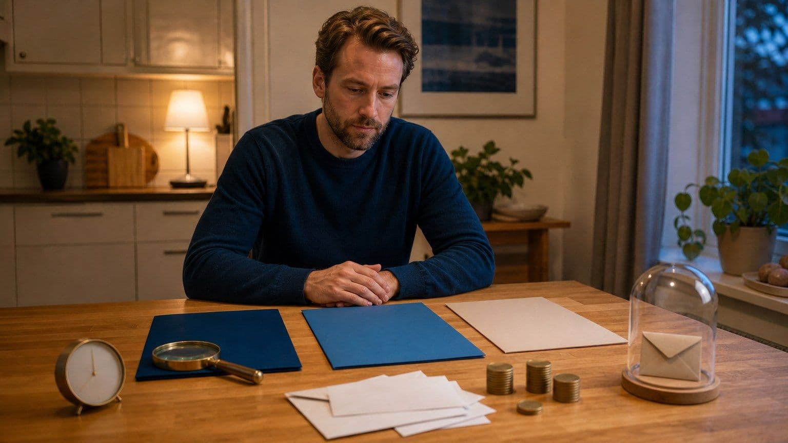 En person jämför tomma lånemappar vid ett köksbord med förstoringsglas, kuvert, klocka och myntstaplar.