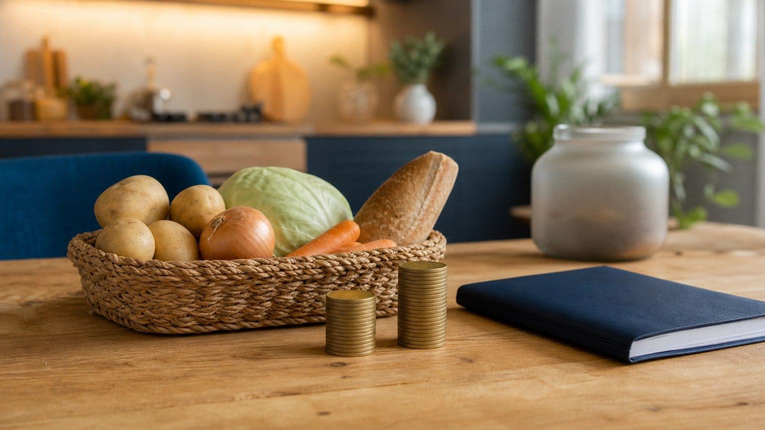 Ett köksbord med enkla matvaror, en budgetmapp och högre myntstaplar som visar stigande priser.
