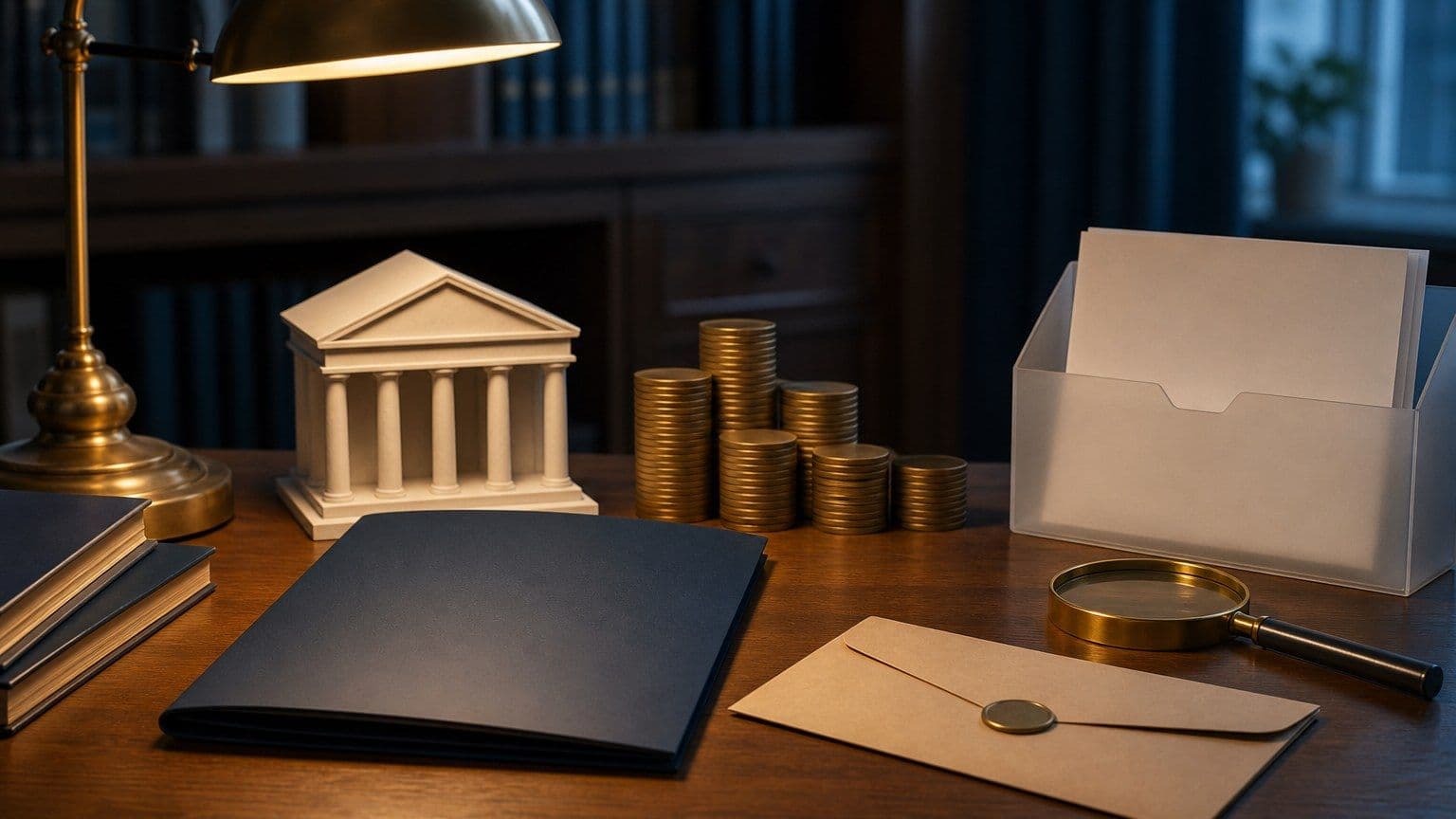 En låneansökan med lönekuvert, bankmodell och balanserade mynt visar lånebedömning.