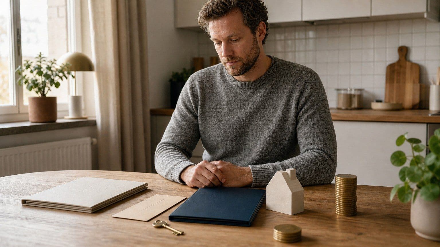 Svensk bostadsägare granskar bolånehandlingar vid ett köksbord inför byte av bolånebank.