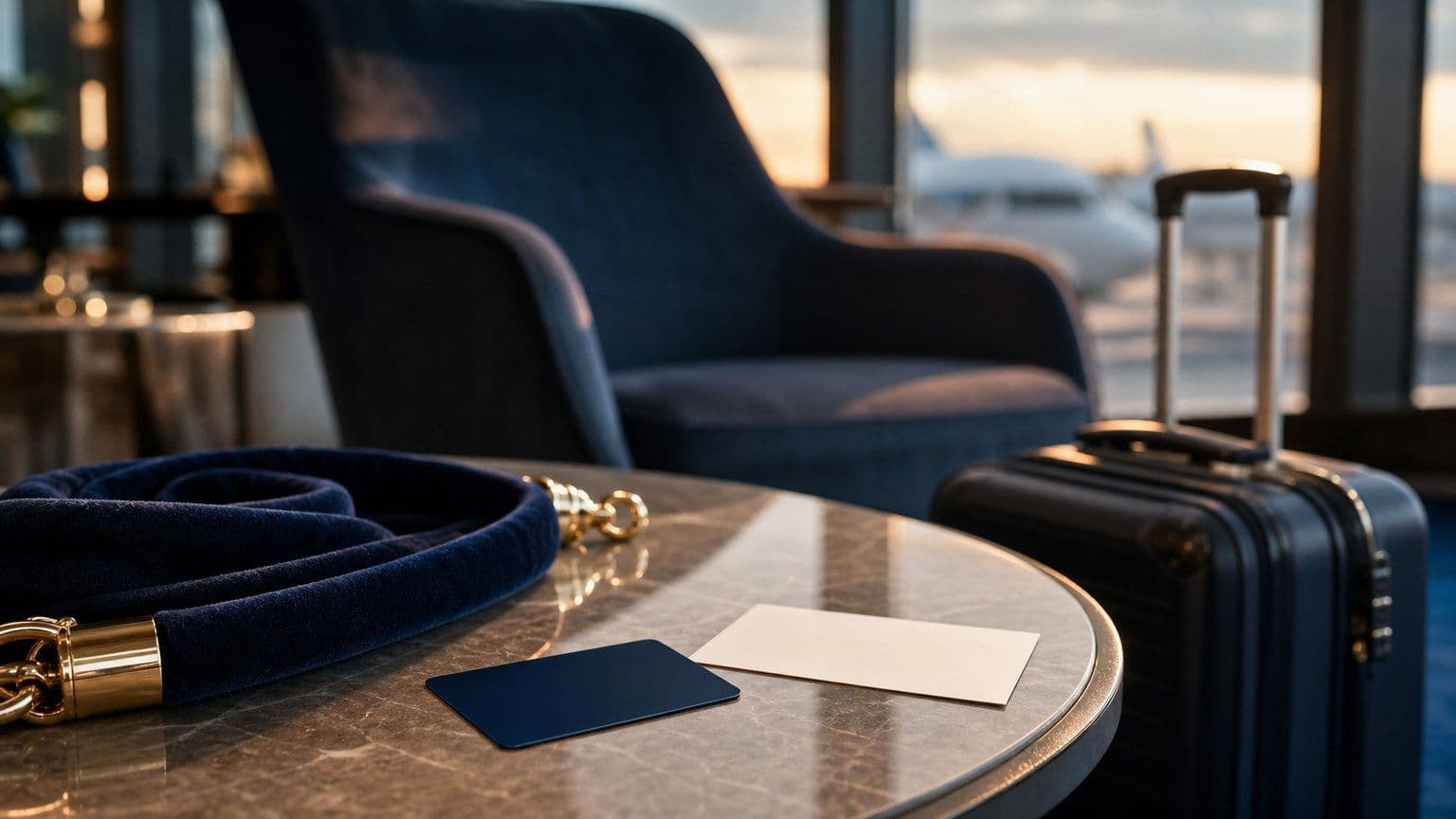 Ett blankt kreditkort på ett bord i en flygplatslounge med resväska och loungeavspärrning i bakgrunden.