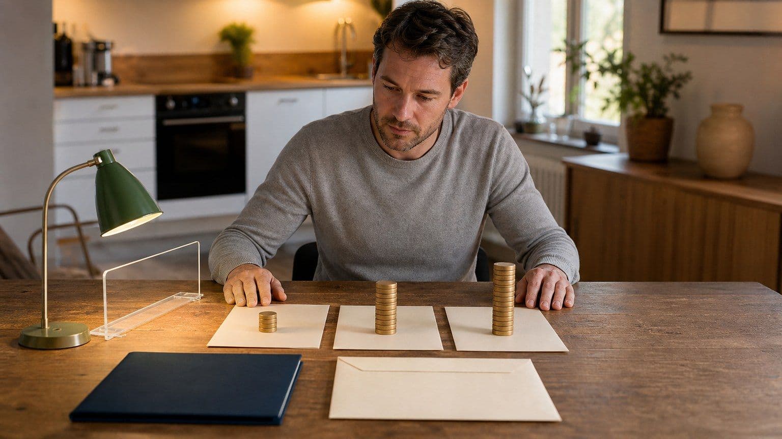 En person jämför olika låneerbjudanden vid ett köksbord med budgetmappar och betalningskuvert.