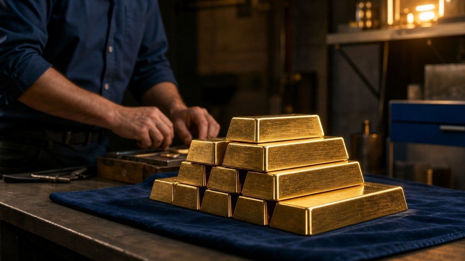Omarkerade guldtackor på en mörk arbetsbänk illustrerar investeringar i guldaktier.