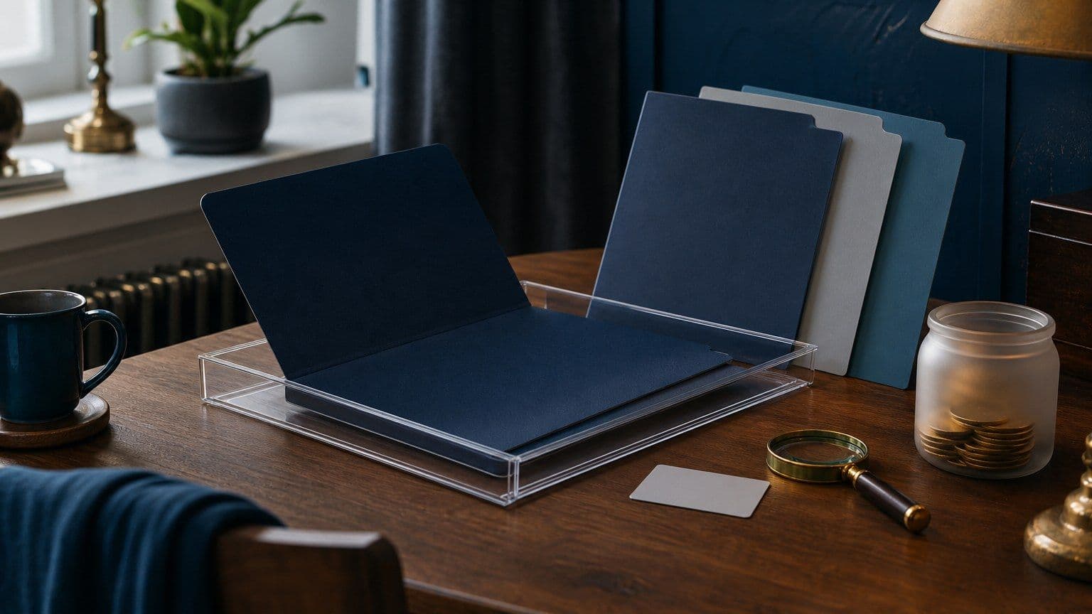 Ett skrivbord med en tom kreditmapp, byråmappar, förstoringsglas och en burk med mynt.